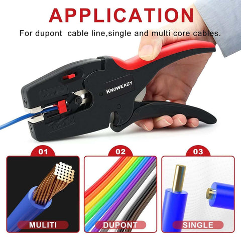 Person using Heavy Duty Wire Stripper And Cutter Two In One For 7 To 32 AWG Wires 0.03 Mm2 To 10 Mm2 on colorful cables.