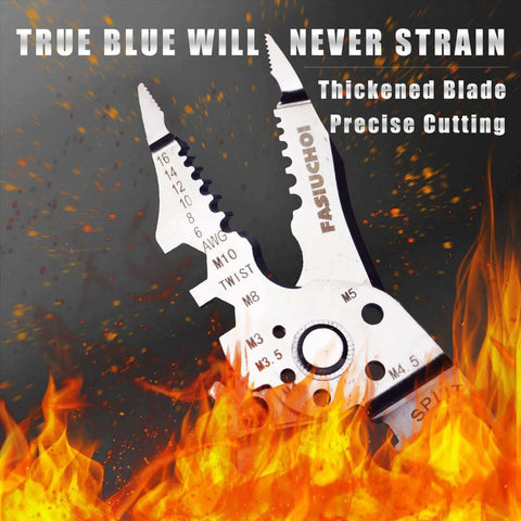 9-In-1 Wire Cutter And Crimping Tool With Adjustable AWG 6-16 showing precise cutting blades and durable construction in flames.
