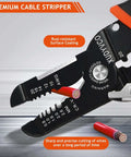 Close-up of Five In One Wire Stripper Tool for 10 to 20 AWG electrical wire, highlighting sharp blades, rust-resistant coating, 3rd Generation.