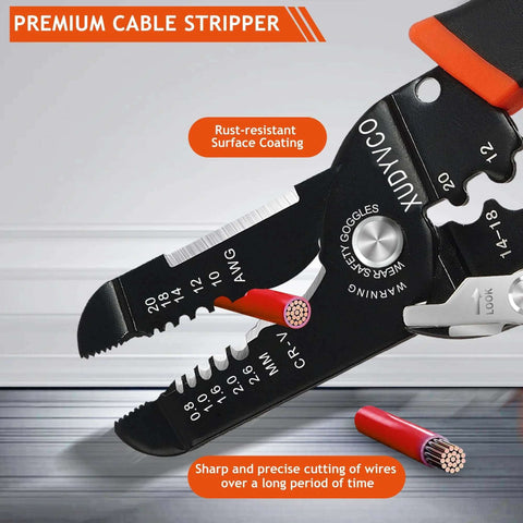 Close-up of Five In One Wire Stripper Tool for 10 to 20 AWG electrical wire, highlighting sharp blades, rust-resistant coating, 3rd Generation.