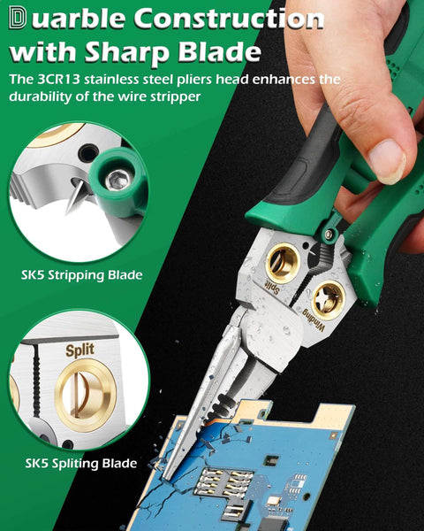 Close-up of 8 In 1 Wire Stripper with Voltage Tester for 10-18 AWG wires, featuring SK5 blades for cutting and splitting electronic components.