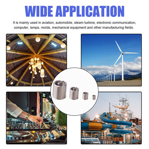 Pro Grade Wire Thread Inserts Kit in 304 stainless steel with wide application images, showcasing various uses in machinery and electronics.