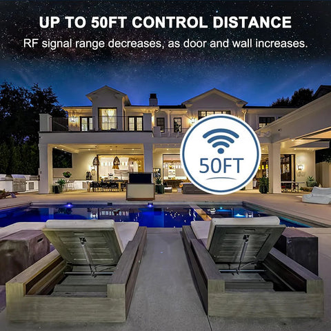 Luxury house with patio view showing RF 50ft control range graphic for Plug And Play 12V Linear Actuator Controller Kit With 2 Wireless Remotes