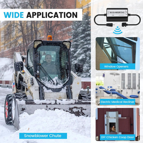 Forward And Reverse Wireless DC Actuator Controller Kit used in snowblower chute, window openers, medical recliner, and chicken coop door.