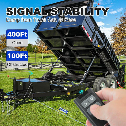 Wireless Dump Trailer Remote Control Kit With 100 Ft Range, Dual Remotes, image of remote operating dump trailer lift outdoors