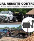 Wireless Dump Trailer Remote Control Kit With 100 Ft Range shown with remote and trailer setup in various environments.