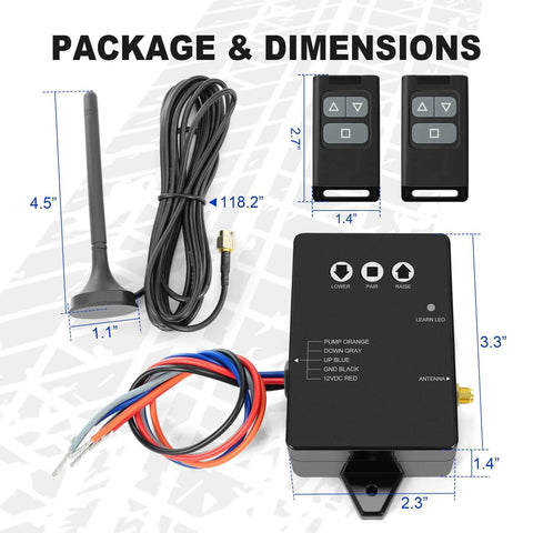Wireless Dump Trailer Remote Control Kit With 100 Ft Range, Dual Remotes, 12V Hydraulic Lift Winch Tilt Controller in package