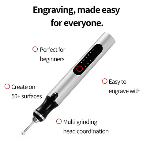 Wireless Engraving Pen Kit With 30 Metal Grinding Bits Ceramic Bit and 3 Cutting Blades shown with multiple surface capability