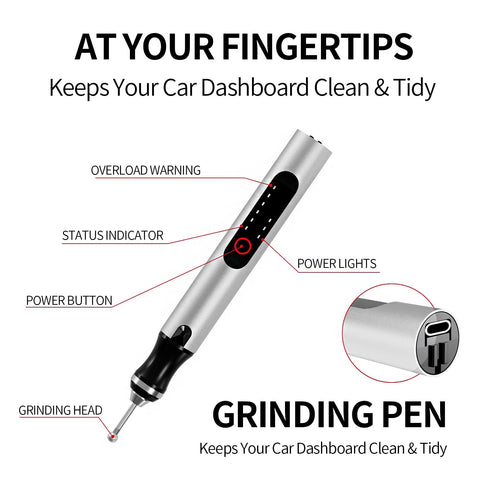 Wireless Engraving Pen Kit With 30 Metal Grinding Bits Ceramic Bit And 3 Cutting Blades labeled features like grinding head and power button