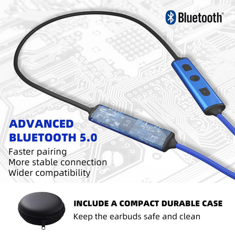 Noise Canceling Wireless Neckband Earbuds showing Bluetooth 5.0 feature and compact case