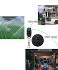 Heavy Duty 12V Wireless Remote Relay Switch Kit With 328 Feet Range For Cars Motors Lamps LED Lights And Fans Works On DC 5V 12V 24V Or 48V Systems 10 Amp Relay Easy Install Through Walls Plug And Play shown controlling garage door, irrigation, and garden lights.