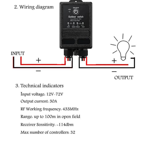 Diagram of Remote Control Relay Switch 12V-72V DC Wireless Receiver IP65 Waterproof 40A Heavy-Duty for Outdoor Lights