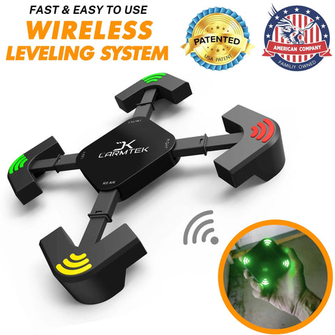 Level Wizard Wireless RV Leveling System Upgraded 2025 With Extensible Legs For Accurate Leveling by CARMTEK, black device with LED lights