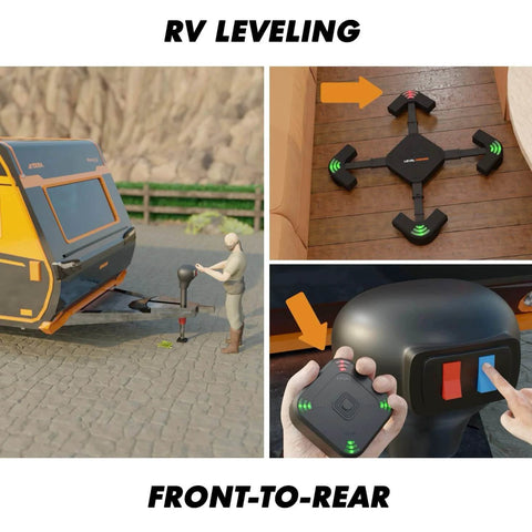 Level Wizard Wireless RV Leveling System Upgraded 2025 With Extensible Legs shown in outdoor setup with wireless remote control.