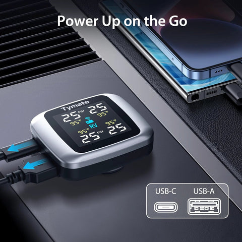 Dashboard-mounted TM7 Wireless Tire Pressure Monitoring System With colorful display showing real-time data via USB-C, USB-A ports.