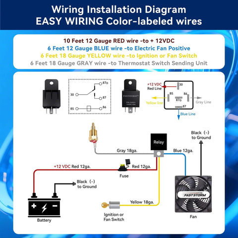 Wiring diagram for Electric Fan Relay Kit 12V 60A With Waterproof Four Pin Relay showing labeled wires and connections.