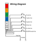 Wiring diagram for Industrial Red LED Signal Tower Light with color-coded lines for red, yellow, green, blue, and white connections.