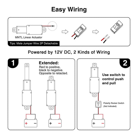 Juyancao 50mm 20N mini electric linear actuator wiring diagram: 12V DC, two wiring options with red and black leads.