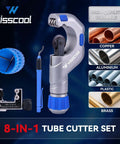 All In One Copper Pipe Cutter Kit For Tubing From Three Sixteenth To Two Inch With A Mini Cutter From One Eighth To One And One Eighth Inch Includes Deburring Tool Reamer Needle File Set Car Battery Cleaning Brush For Automotive HVAC Plumbing Wisscool showcasing an 8-in-1 tube cutter set with various tubes and tools visible.