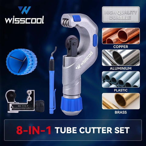 All In One Copper Pipe Cutter Kit For Tubing From Three Sixteenth To Two Inch With A Mini Cutter From One Eighth To One And One Eighth Inch Includes Deburring Tool Reamer Needle File Set Car Battery Cleaning Brush For Automotive HVAC Plumbing Wisscool showcasing an 8-in-1 tube cutter set with various tubes and tools visible.
