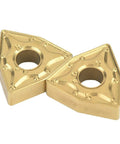Two gold-colored WNMG432 carbide inserts for CNC lathe turning, heavy-duty coated for tool holders, enhancing precision and tool life.
