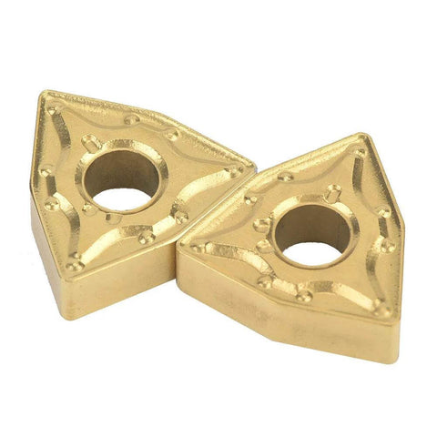 Two gold-colored WNMG432 carbide inserts for CNC lathe turning, heavy-duty coated for tool holders, enhancing precision and tool life.