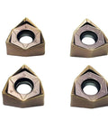Close-up of four triangular metal cutting inserts for Face Mill Cutter Holder For MFWN9050R 22 4T And R8 FMB22 7 16 Inch Blade Set.