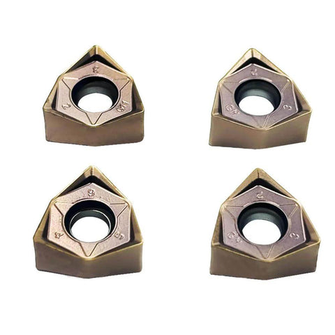 Close-up of four triangular metal cutting inserts for Face Mill Cutter Holder For MFWN9050R 22 4T And R8 FMB22 7 16 Inch Blade Set.