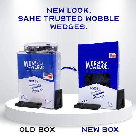 Rigid Plastic Shims For Leveling 300 Pack Made In USA Black Wobble Wedges Pro Grade leveled in old and new packaging