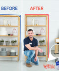 Rigid Plastic Shims For Leveling 300 Pack Made In USA used to stabilize uneven shelf with man kneeling beside