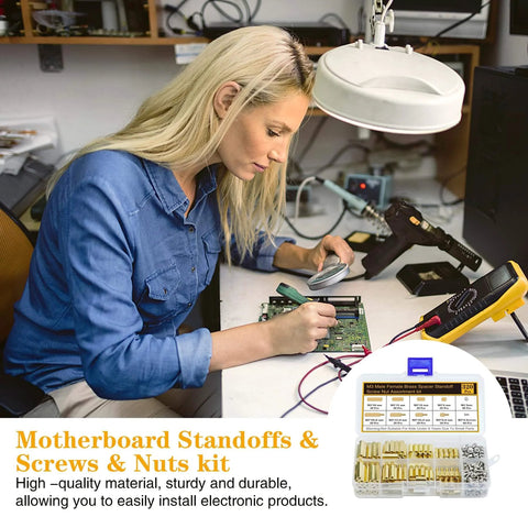 320Pcs M3 Motherboard Standoffs Screws Nuts Kit With Brass Spacer Standoffs shown with woman working on electronics