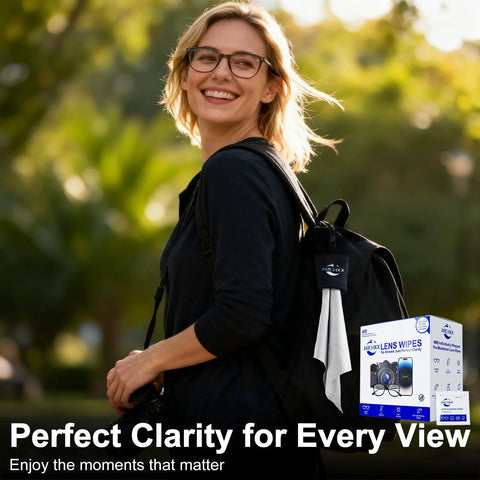 Woman outdoors with backpack holding pack of Individually Wrapped Microfiber Lens Wipes For Glasses Sunglasses And Cameras