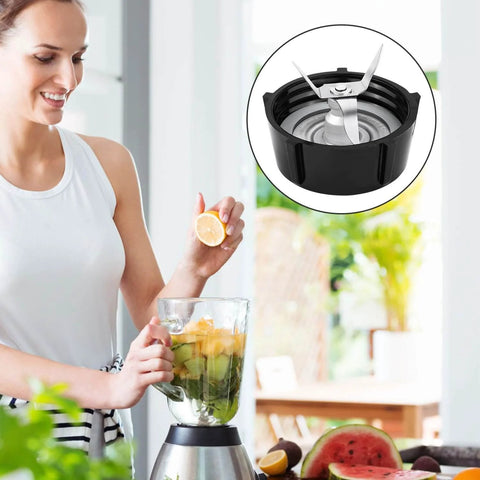 Woman using blender with fruits; inset shows 2 Pack Blender Gasket O-Ring Replacement For Oster Osterizer Blenders Gray Rubber Seal Easy Fit