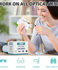 A woman using Pre-Moistened Lens Wipes For Eyeglasses Individually Wrapped Streak Free on her glasses with product box visible.