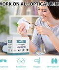Woman using 400 Count Lens Wipes For Eyeglasses Pre Moistened Wrapped Streak Free to clean glasses.