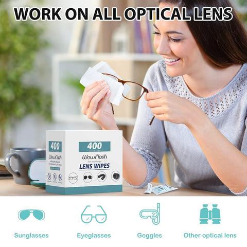 Woman using 400 Count Lens Wipes For Eyeglasses Pre Moistened Wrapped Streak Free to clean glasses.