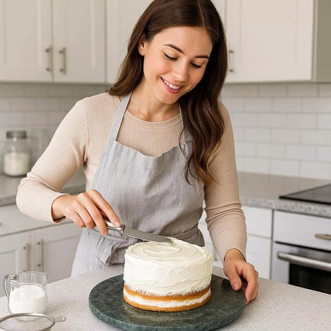 12 inch green natural marble lazy susan turntable with a cake being decorated in a modern kitchen.