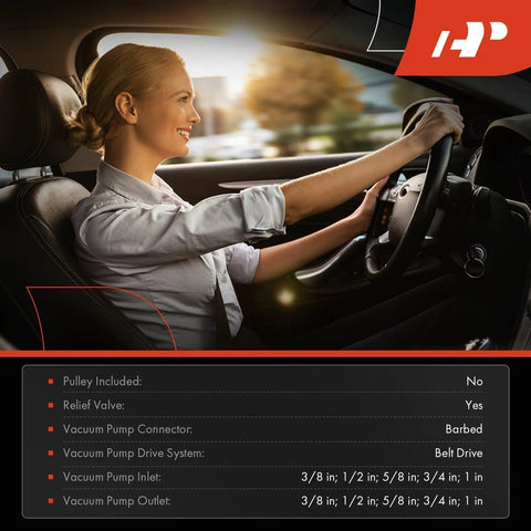 Woman driving with product features of Premium Ford Vacuum Pump Replacement Fits F150 F250 F350 F100 Ranger E150 Econoline Club Wagon 1983 1992.