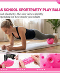 Woman using 24 Pieces Knobby Balls 4.72" Bouncy Spiky Sensory Ball as an exercise aid, with detailed views of pink spiky texture and measurement.