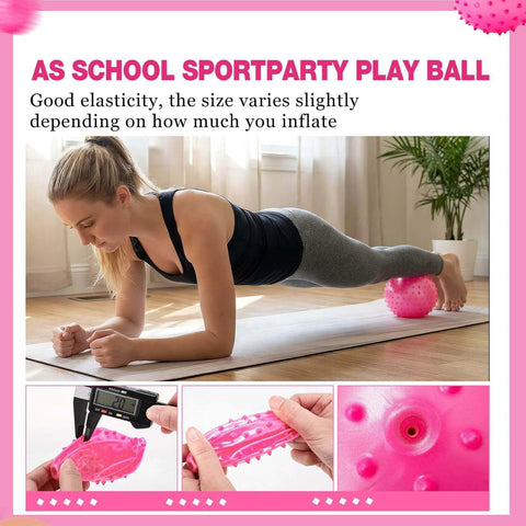 Woman using 24 Pieces Knobby Balls 4.72" Bouncy Spiky Sensory Ball as an exercise aid, with detailed views of pink spiky texture and measurement.