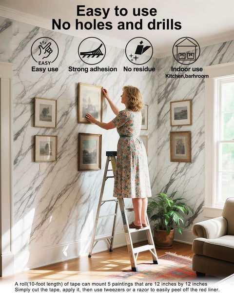 Woman using heavy duty double sided mounting tape waterproof foam tape heat resistant adhesive for picture hanging indoors on marble wall