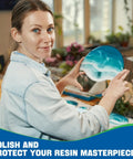Restore scratched and oxidized epoxy surfaces with a complete 3 Piece Epoxy Resin Polishing Kit, woman holding epoxy art.