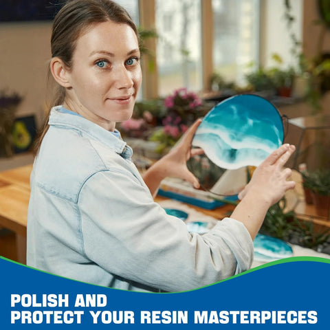 Restore scratched and oxidized epoxy surfaces with a complete 3 Piece Epoxy Resin Polishing Kit, woman holding epoxy art.