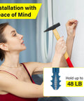 Woman installing 140pcs Drywall Anchors and Screws Kit (3 Sizes) into wall, illustration showing hold capacity of 48 LB