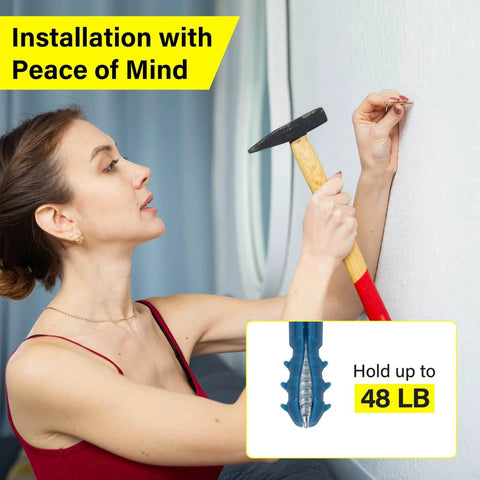 Woman installing 140pcs Drywall Anchors and Screws Kit (3 Sizes) into wall, illustration showing hold capacity of 48 LB
