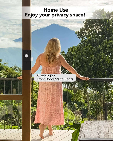 Woman on patio with Smart Fingerprint Glass Sliding Door Lock LG75TY With App Control And Keyless Safety Lock