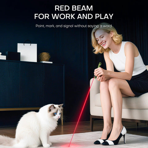 Woman using flashlight with red beam to play with a white cat indoors, showcasing versatility for work and play.