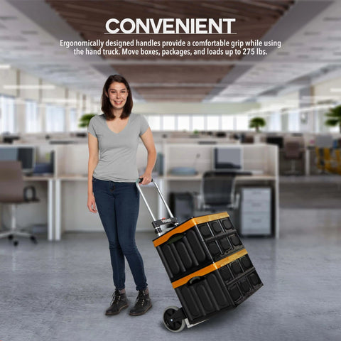 Person using a 275 Ibs Capacity Folding Hand Truck Dolly – Lightweight Aluminum Frame Dolly Cart with 42" Telescoping Handle in an office setting.