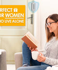 Two Pack Home Security Door Lock Reinforcement For Inward Swinging Doors With 3 Inch Stop And 800 Lb Withstand Durable And Easy Install Upgrade Flip Night Lock For Enhanced Family Safety And Peace Of Mind visible on door with woman reading nearby.
