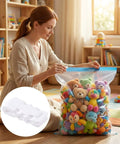 Woman sealing toy-filled bag with 10 Pack Vacuum Storage Bags Sealing Clips Set Reusable Zipper Sealing Clips for Bag Space Saving